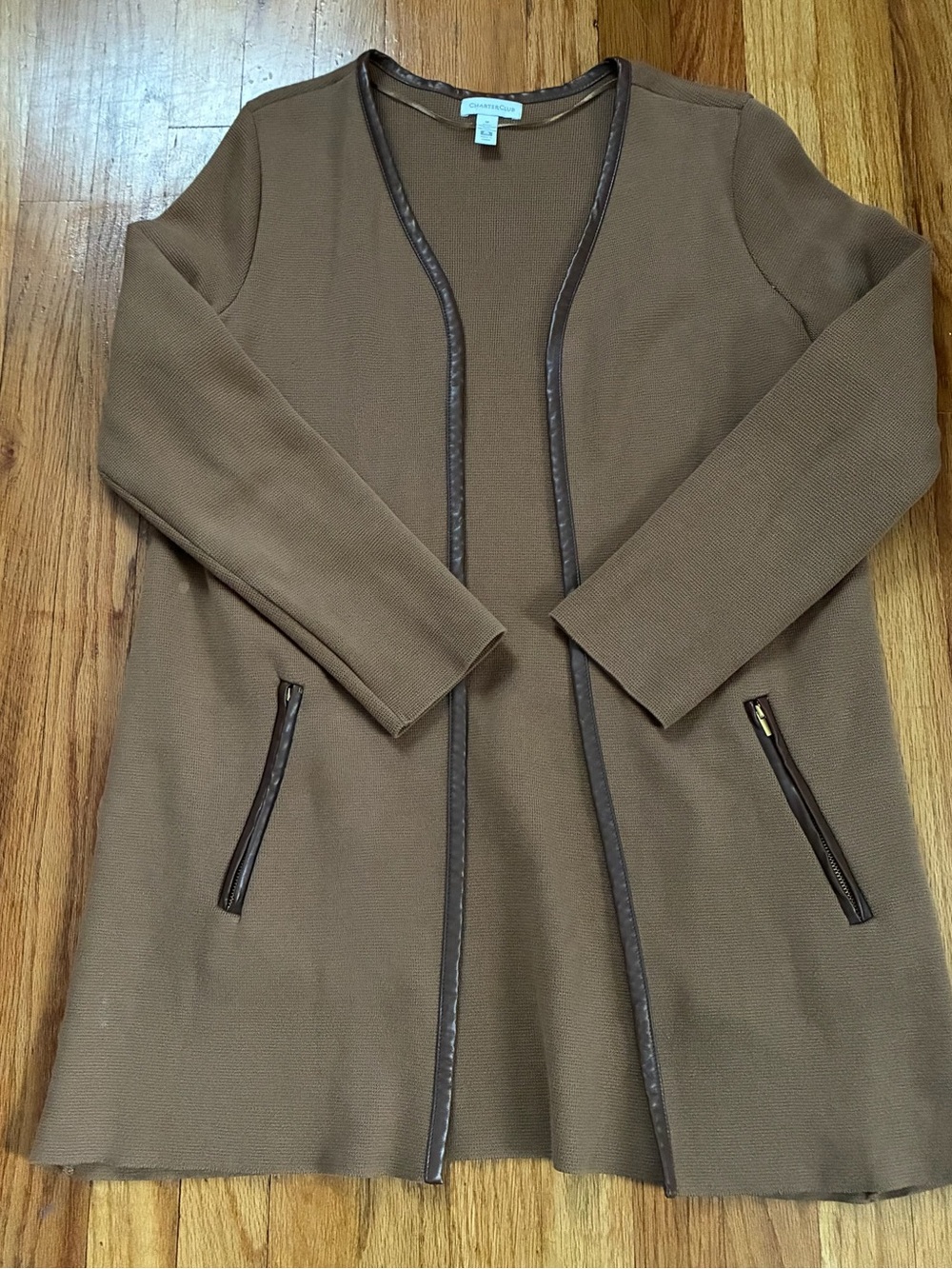 Charter Club Brown Faux Leather Piping Open Front Cardigan Sweater Pockets Sz M